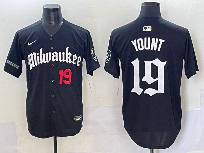 Men 2025 Milwaukee Brewers #19 Yount Black Five generations Joint Name Nike MLB Jersey style 8